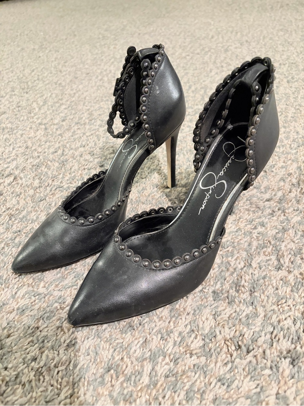 Jessica Simpson Black Studded Pointed-Toe Ankle Strap Stilettos